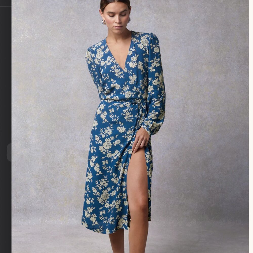 NEW Rouje Gabin Dress BLUE FLORAL MIDI WRAP DRESS Size 36